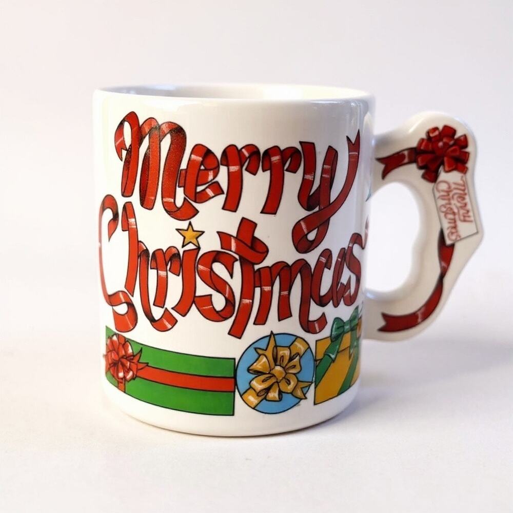 Vintage Collectible Christmas holiday Coffee Mug cartoon 3D Bow Ribbon Kitschy